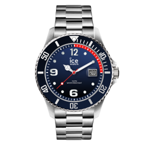 Silberfarbene Herrenarmbanduhr von ICE Watch mit Edelstahlarmband, blauem Zifferblatt, blauer drehbarer Lünette mit weißen Markierungen, Datumsanzeige bei 3 Uhr, Leuchtzeigern und -markierungen sowie roten Akzenten.
