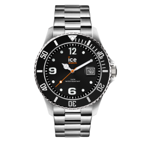 Silberfarbene Herrenarmbanduhr von ICE Watch mit Edelstahlarmband, schwarzem Zifferblatt, schwarzer drehbarer Lünette mit weißen Markierungen, Datumsanzeige bei 3 Uhr, Leuchtzeigern und -markierungen sowie orangefarbenen Akzenten.