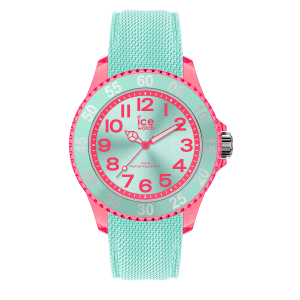 Kinderarmbanduhr von Ice-Watch mit mintgrünem Zifferblatt, pinkfarbenen Akzenten, großen arabischen Ziffern und mintgrünem Textilarmband auf schwarzem Hintergrund