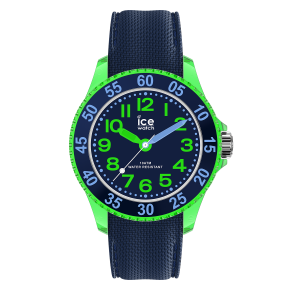 ICE Watch Kinderarmbanduhr mit dunkelblauem Zifferblatt, neongrünem Gehäuse, großen gut lesbaren Ziffern und blauem Armband auf transparentem Hintergrund.
