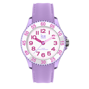 ICE Watch Kinderarmbanduhr mit weißem Zifferblatt, fliederfarbenem Gehäuse und Armband, gut lesbaren pinken Ziffern sowie kindgerechtem Design auf transparentem Hintergrund.