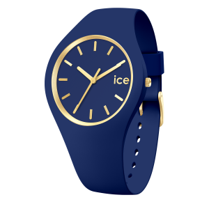 Dunkelblaue Armbanduhr mit Silikonarmband, schlichtem Zifferblatt und goldfarbenen Zeigern sowie Stundenmarkierungen in schräger Produktansicht.