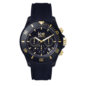 Blaue ICE Watch Chronographen-Armbanduhr mit strukturiertem blauem Textilarmband, blauem Zifferblatt mit drei Hilfszifferblättern, goldfarbenen Zeigern und Indizes, Datumsanzeige und einer blauen Lünette im Taucheruhrenstil.