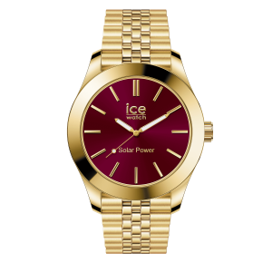 ICE Watch Solar Power Armbanduhr mit goldfarbenem Edelstahlarmband und -gehäuse, einem tiefroten Zifferblatt mit Sonnenschliff, goldfarbenen Stundenmarkierungen und Zeigern sowie einem eleganten, minimalistischen Design.