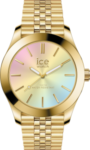 Goldfarbene Armbanduhr mit Edelstahlgliederarmband und schimmerndem Zifferblatt im Pastell-Farbverlauf aus Rosa, Gelb, Grün und Blau, frontal dargestellt. Wasserdicht bis 10 ATM.
