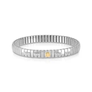 Elastisches Silberarmband mit Zirkonia-Elementen und goldfarbenem Kleeblatt in der Mitte