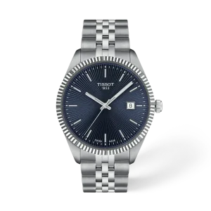Tissot Herrenuhr mit blauem Zifferblatt, silberfarbenem Edelstahlgehäuse und passendem Edelstahlarmband
