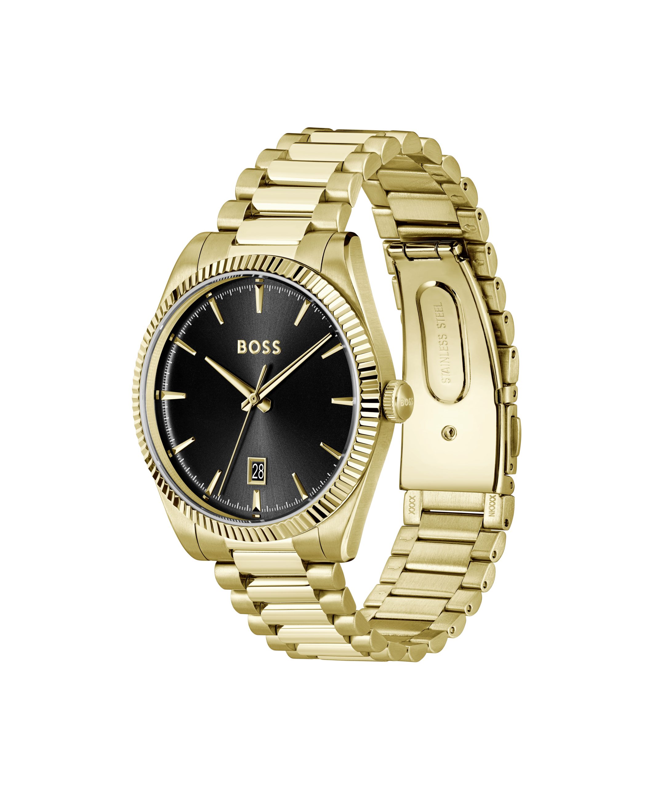 Analog-Armbanduhr von BOSS mit goldfarbenem Edelstahlgehäuse und -armband, schwarzem Zifferblatt mit Sonnenschliff, goldfarbenen Zeigern und Stundenmarkierungen, geriffelter Lünette und Datumsanzeige bei 6 Uhr, dargestellt in einer schrägen Seitenansicht.