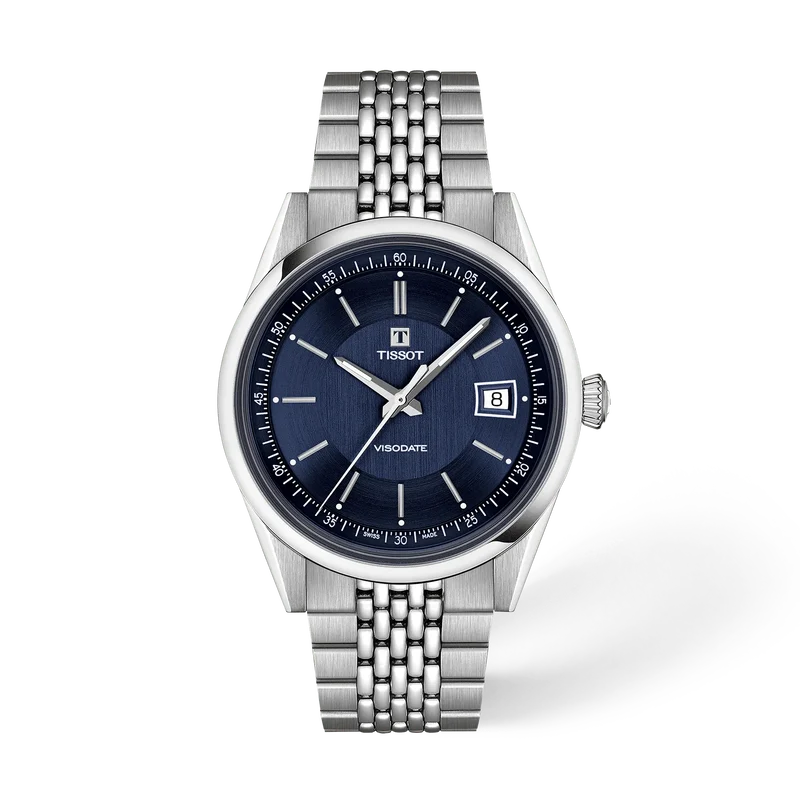 Tissot Visodate mit blauem Zifferblatt, Datumsanzeige und silberfarbenem Edelstahlgehäuse mit Edelstahlarmband
