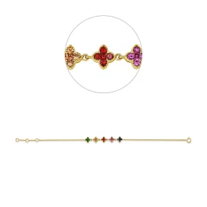 Feines goldfarbenes Armband mit mehreren Kleeblatt-Elementen aus farbigen Kristallen in Grün, Champagner, Rot, Violett und Dunkelblau sowie Detailansicht der Schmucksteine