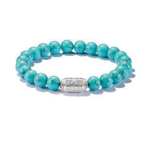 Elastisches Armband aus türkisfarbenen Naturstein-Perlen mit dekorativem Silber-Zwischenelement und feinen Gravurdetails