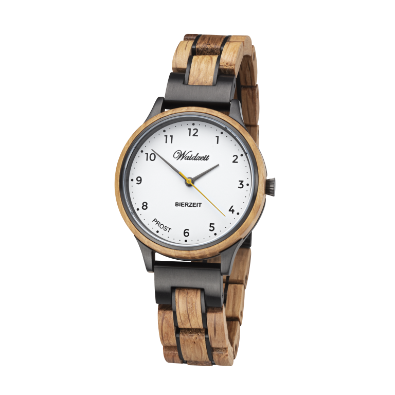 Waidzeit Bierzeit Holzarmbanduhr mit weißem Zifferblatt, schwarzem Metallgehäuse, Armband aus Naturholz, gelbem Sekundenzeiger und minimalistischen Ziffernmarkierungen auf transparentem Hintergrund.