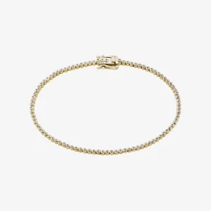 Klassisches goldfarbenes Tennisarmband mit einer durchgehenden Reihe weißer Zirkonia-Steine in eleganter Zargenfassung und sicherem Kastenschloss