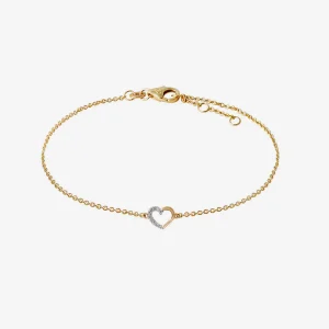 Feines goldfarbenes Armband mit offenem Herzsymbol, teilweise mit funkelnden weißen Zirkonia-Steinen besetzt, sowie verstellbarem Kettenverschluss