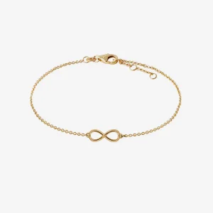 Feines goldfarbenes Armband mit zentralem Unendlichkeitszeichen als Symbol für Ewigkeit und Verbundenheit sowie verstellbarem Kettenverschluss