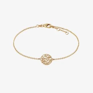 Feines goldfarbenes Armband mit rundem Lebensbaum-Anhänger in durchbrochenem Design sowie verstellbarem Kettenverschluss