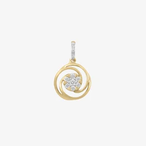 Eleganter Anhänger in Goldoptik mit offenem, spiralförmigem Kreisdesign. Im Zentrum befindet sich eine funkelnde Blüte aus klaren Zirkonia-Steinen, während die Öse zusätzlich mit Zirkonia besetzt ist und dem Schmuckstück einen edlen Glanz verleiht.