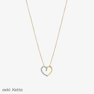 Filigrane goldfarbene Halskette mit offenem Herzanhänger in Bicolor-Optik. Eine Herzhälfte ist mit funkelnden Zirkonia-Steinen besetzt, die andere schlicht in Gold gehalten. Das romantische Design macht die Kette zu einem zeitlosen Schmuckstück für jeden Anlass.
