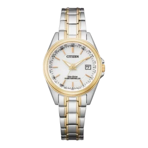 Citizen Eco-Drive Funkuhr mit weißem Zifferblatt, Datumsanzeige und bicolor Edelstahlarmband in Silber und Gold