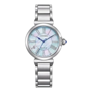 Citizen Eco-Drive Damenuhr mit Perlmuttzifferblatt, silberfarbenem Edelstahlgehäuse und passendem Edelstahlarmband