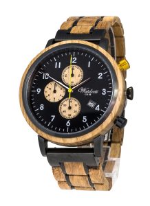 Freigestellte Produktaufnahme einer Waidzeit Gin Chronographenuhr mit schwarzem Zifferblatt, heller Holzlünette und kombiniertem schwarzen Edelstahl-Holzarmband. Die Uhr verfügt über drei Hilfszifferblätter in Holzoptik, eine Datumsanzeige bei 4 Uhr, weiße Stundenmarkierungen, einen gelben Sekundenzeiger sowie ein markantes Design aus Holz und schwarzem Edelstahl.