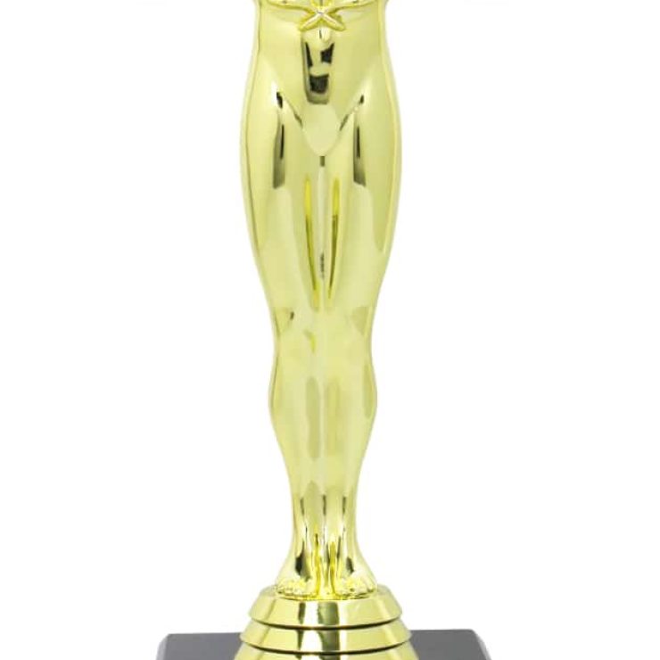 Goldfarbene Trophäe in Form einer stilisierten Person mit Sternmotiv in den Händen auf einem schwarzen Sockel, geeignet für Ehrungen und Auszeichnungen.