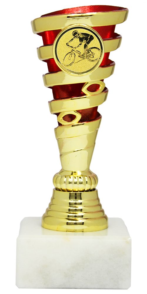 Gold-roter Siegerpokal für Radsport mit Radfahrer-Motiv auf der Vorderseite, dekorativer Spiralform und weißem Marmorsockel.