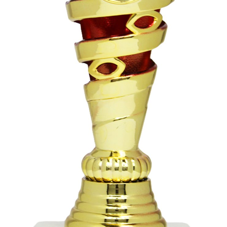 Gold-roter Siegerpokal für Radsport mit Radfahrer-Motiv auf der Vorderseite, dekorativer Spiralform und weißem Marmorsockel.