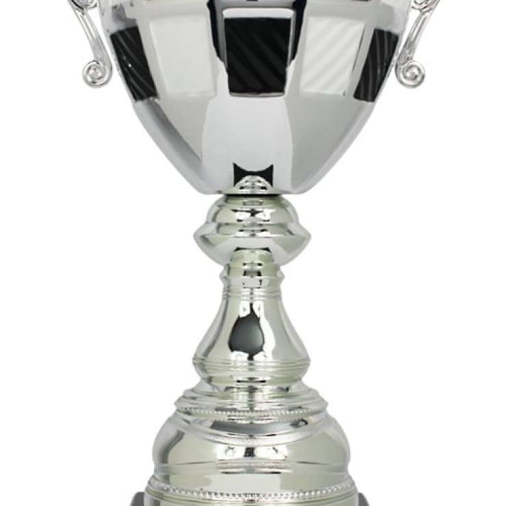 Eleganter silberfarbener Pokal mit dekorativen Henkeln, schwarz-weißem Karomuster am Kelch und schwarzem Sockel für Sport- und Wettbewerbsauszeichnungen.