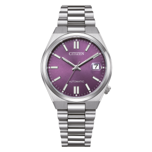 Citizen Automatikuhr mit violettem Zifferblatt, Datumsanzeige und silberfarbenem Edelstahlgehäuse mit Edelstahlarmband