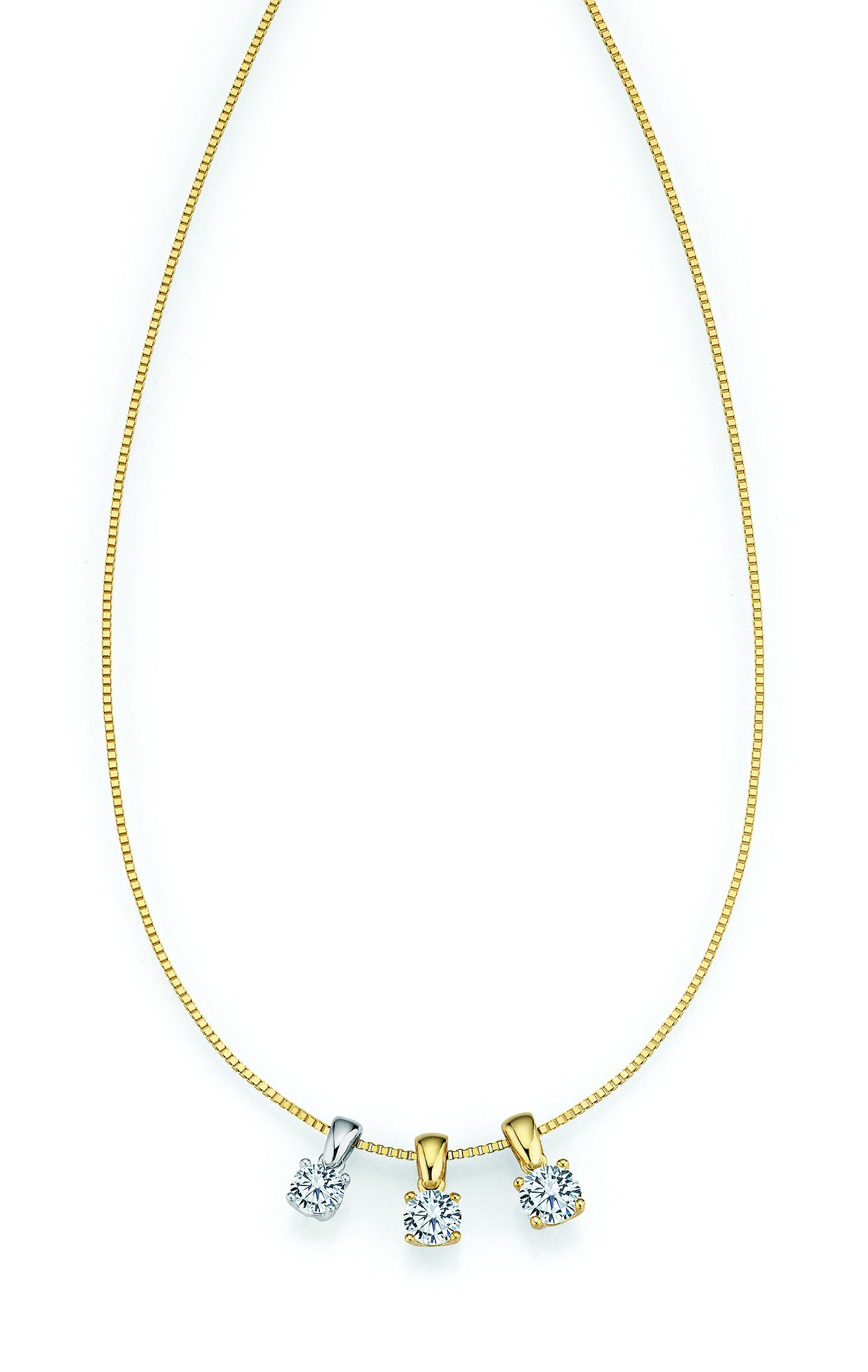 Elegante goldfarbene Halskette mit feiner Venezianerkette und drei austauschbaren Anhängern. Die Anhänger sind jeweils mit einem funkelnden klaren Zirkonia im Brillantschliff besetzt und in Silber- oder Goldoptik erhältlich. Ein vielseitiges Schmuckstück, das sich individuell kombinieren und an verschiedene Looks anpassen lässt.