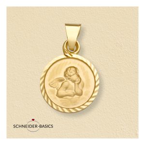 Runder goldfarbener Anhänger mit graviertem Schutzengelmotiv auf hellem Hintergrund und Schneider-Basics Logo