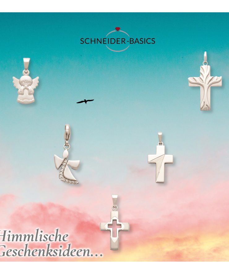 Fünf silberne Anhänger in Form von Engeln und Kreuzen vor Himmelshintergrund mit Schriftzug 'SCHNEIDER-BASICS' und 'Himmlische Geschenkideen'