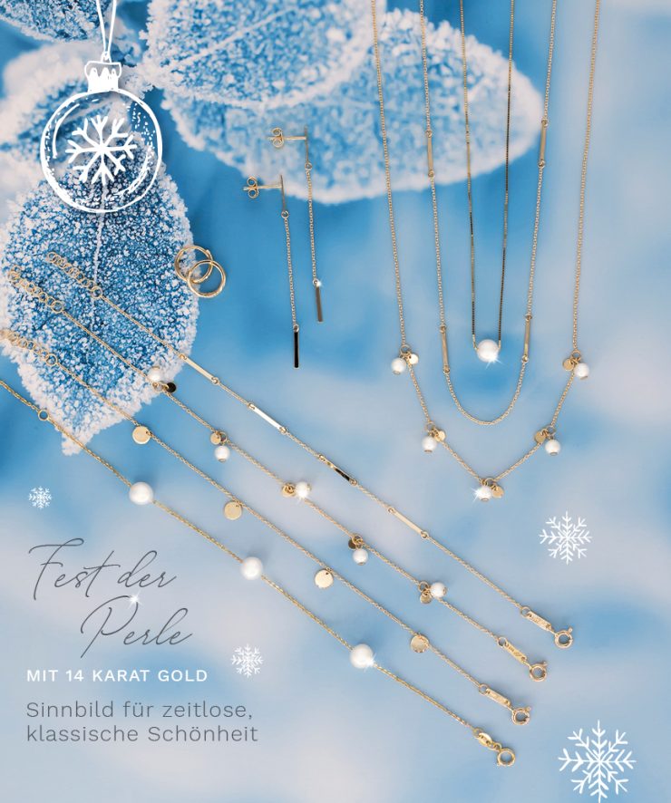 Mehrere filigrane Halsketten und Ohrringe aus 14-Karat-Gold mit Perlen liegen auf einem frostigen, blauen Hintergrund mit Eiskristallen.