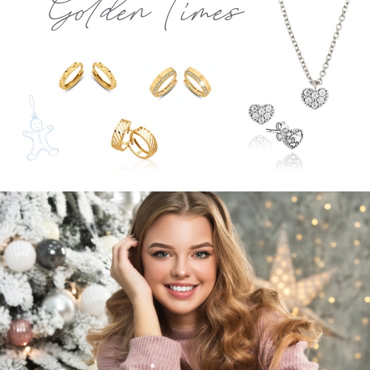 Goldene Ringe und silberne Herz-Ohrringe mit Kette über einem verschwommenen Porträt einer Frau vor weihnachtlich geschmücktem Baum und Lichterdeko