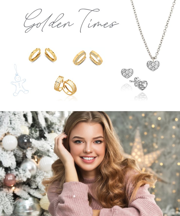 Goldene Ringe und silberne Herz-Ohrringe mit Kette über einem verschwommenen Porträt einer Frau vor weihnachtlich geschmücktem Baum und Lichterdeko