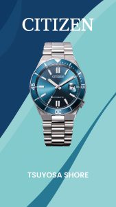 Automatische Armbanduhr der Citizen Tsuyosa Shore mit Edelstahlarmband, blauem Farbverlaufszifferblatt, Datumsanzeige und drehbarer Lünette auf blauem geometrischem Hintergrund.