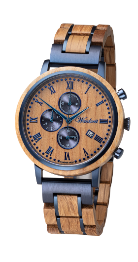 Armbanduhr aus Holz und dunkelblauem Metall mit Chronographenanzeigen, römischen Ziffern und Datumsanzeige