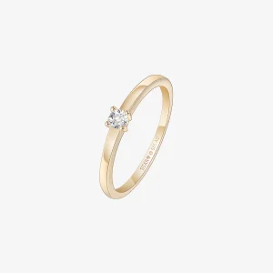 Eleganter Ring aus Gelbgold 585 mit einem einzelnen funkelnden Diamanten in klassischer Sechs-Krappen-Fassung. Die feine Ringschiene und das zeitlose Solitär-Design verleihen dem Schmuckstück eine edle und feminine Ausstrahlung, präsentiert auf hellem Hintergrund